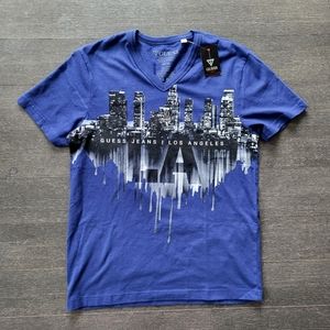 Guess Jakobe Los Angeles Skyline V Neck Blue Graphic Tee T-Shirt